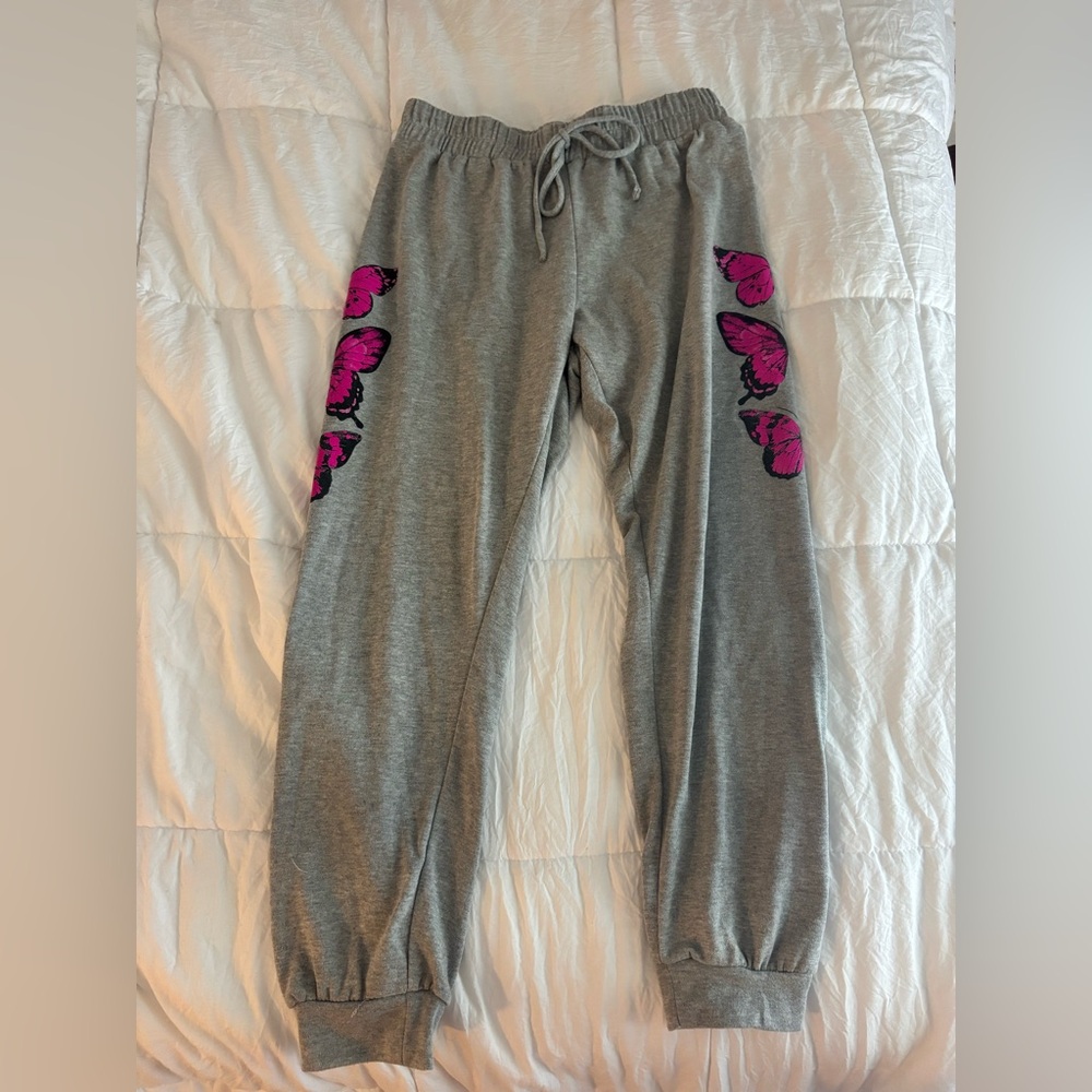 Gray Women’s Jogger Sweatpants with Pink Butterfly Accents